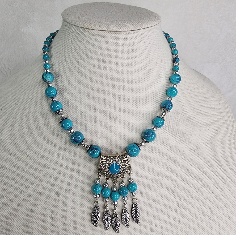 Boho Necklace Faux Glass Turquoise Silver Tone Leaves Fringe Pendant
